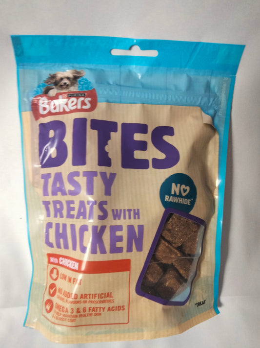 Bakers bites tasty treats with chicken 130g.           Best before 07/25